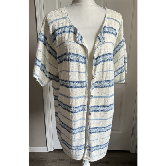 Reba Rose White Blue Stripe Long Line Short Sleeve Cardigan Coastal Grandma 22/2 - Picture 1 of 8